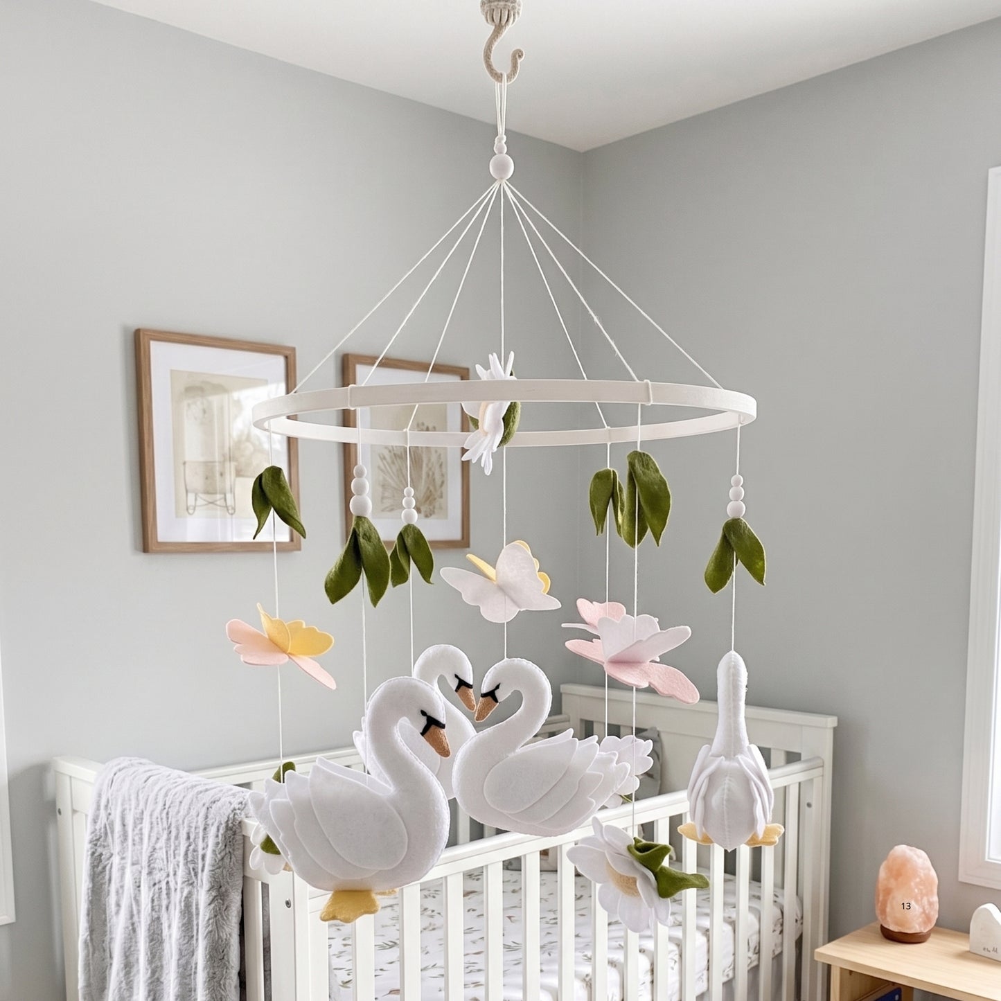 Swan Baby Mobile – Handmade Felt Swans with Butterflies & Flowers | Elegant Floral Girl Nursery Decor