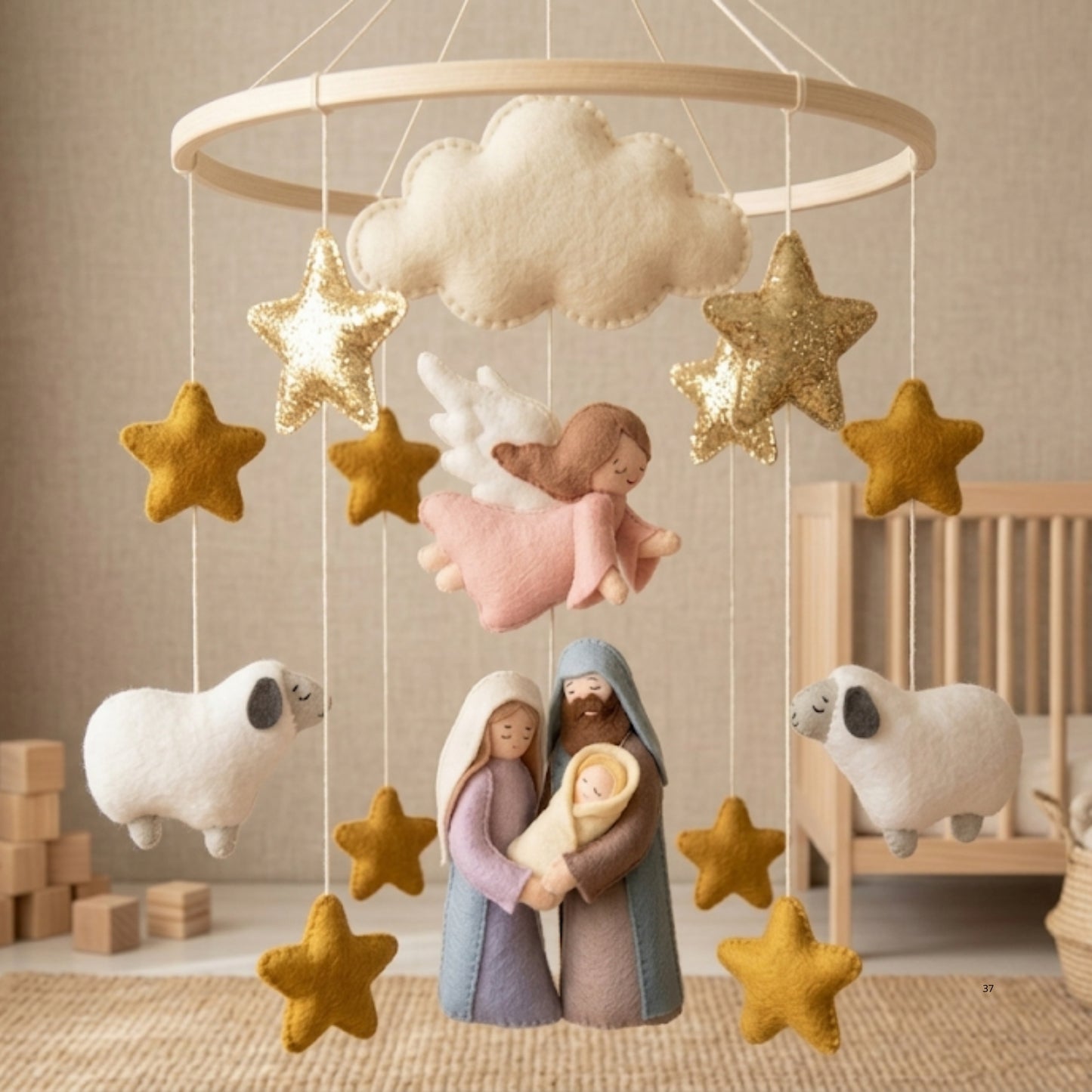 Nativity Baby Mobile – Handmade Felt Holy Family with Angel, Sheep & Stars | Christian Christmas Nursery Decor