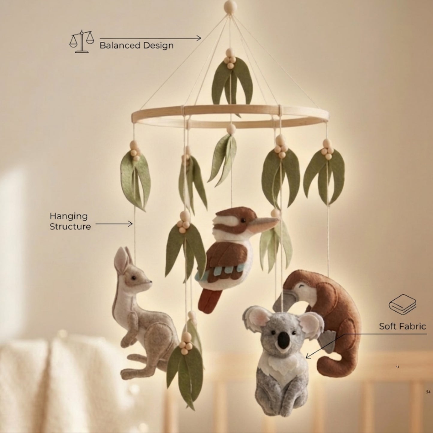 Australian Animal Baby Mobile – Koala, Kangaroo, Kookaburra & Platypus | Felt Nursery Mobile with Eucalyptus Leaves & Wooden Beads