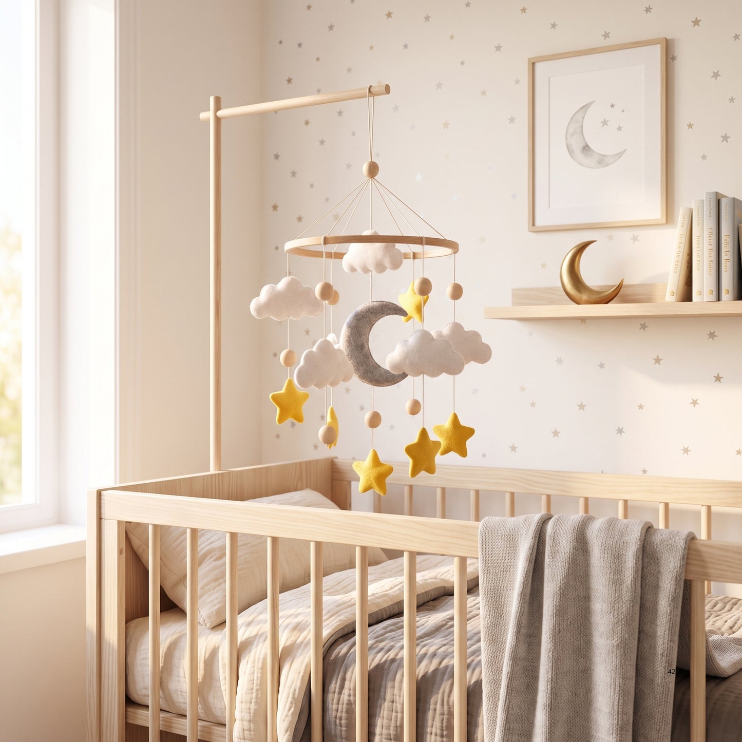 Moon & Stars Baby Mobile – Handmade Felt Crescent Moon with Gold Stars & Clouds | Neutral Celestial Nursery Decor