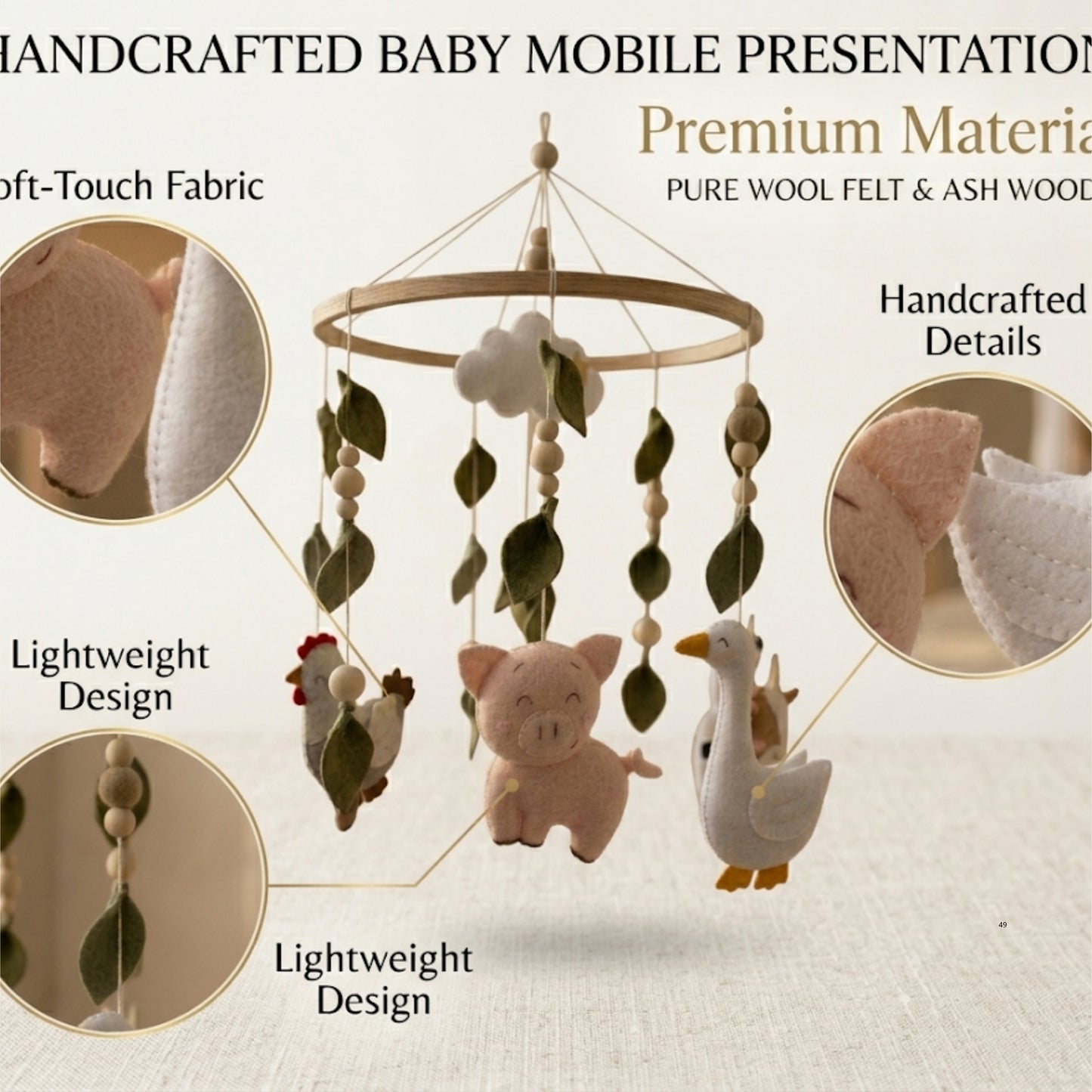Farm Animals Baby Mobile – Handmade Felt Cow, Pig, Goose & Chicken | Farmhouse Nursery Decor with Cloud & Leaves