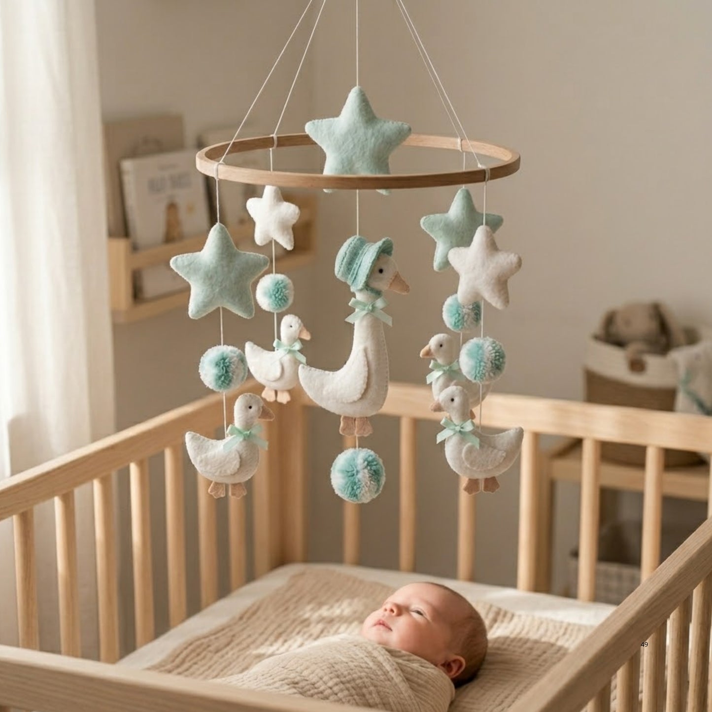 Goose Baby Mobile – Handmade Felt Mother Goose in Bonnet with Goslings & Mint Stars | Storybook Nursery Decor