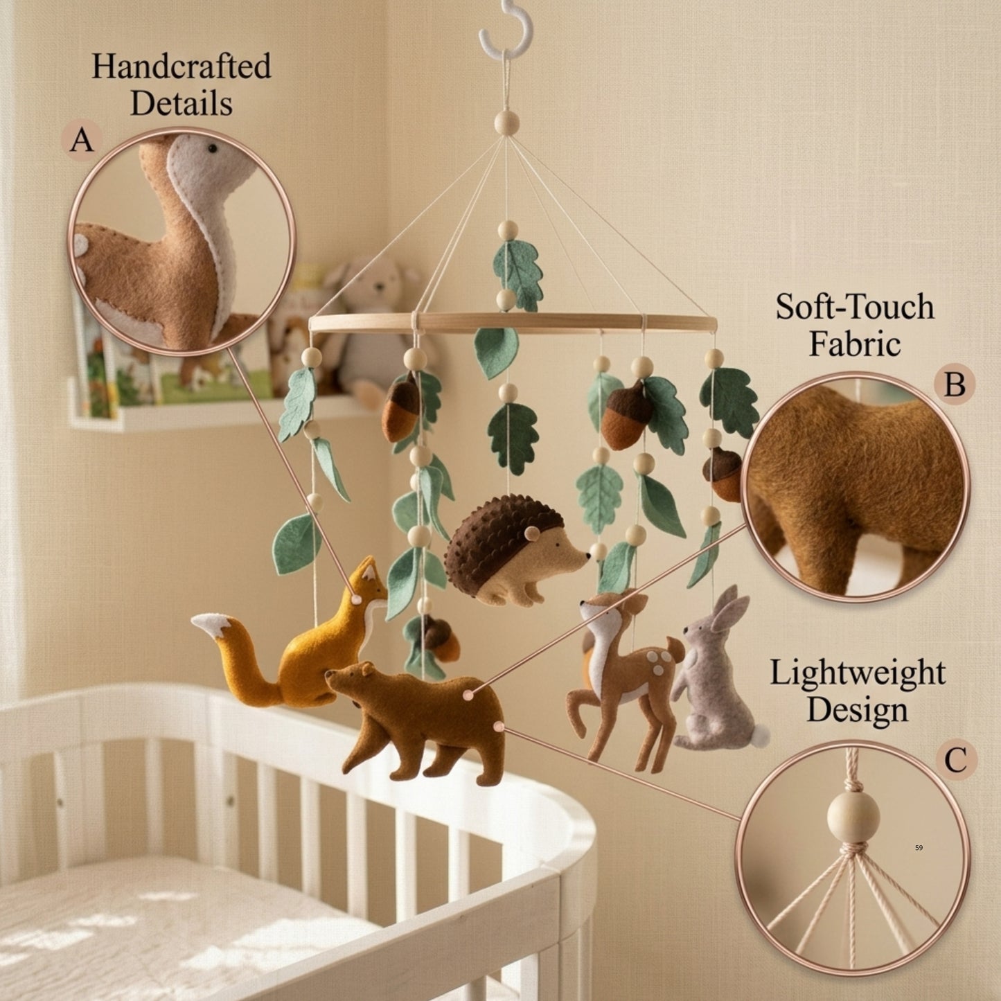 Woodland Animals Baby Mobile – Handmade Felt Fox, Bear, Deer, Hedgehog & Bunny | Forest Nursery Decor