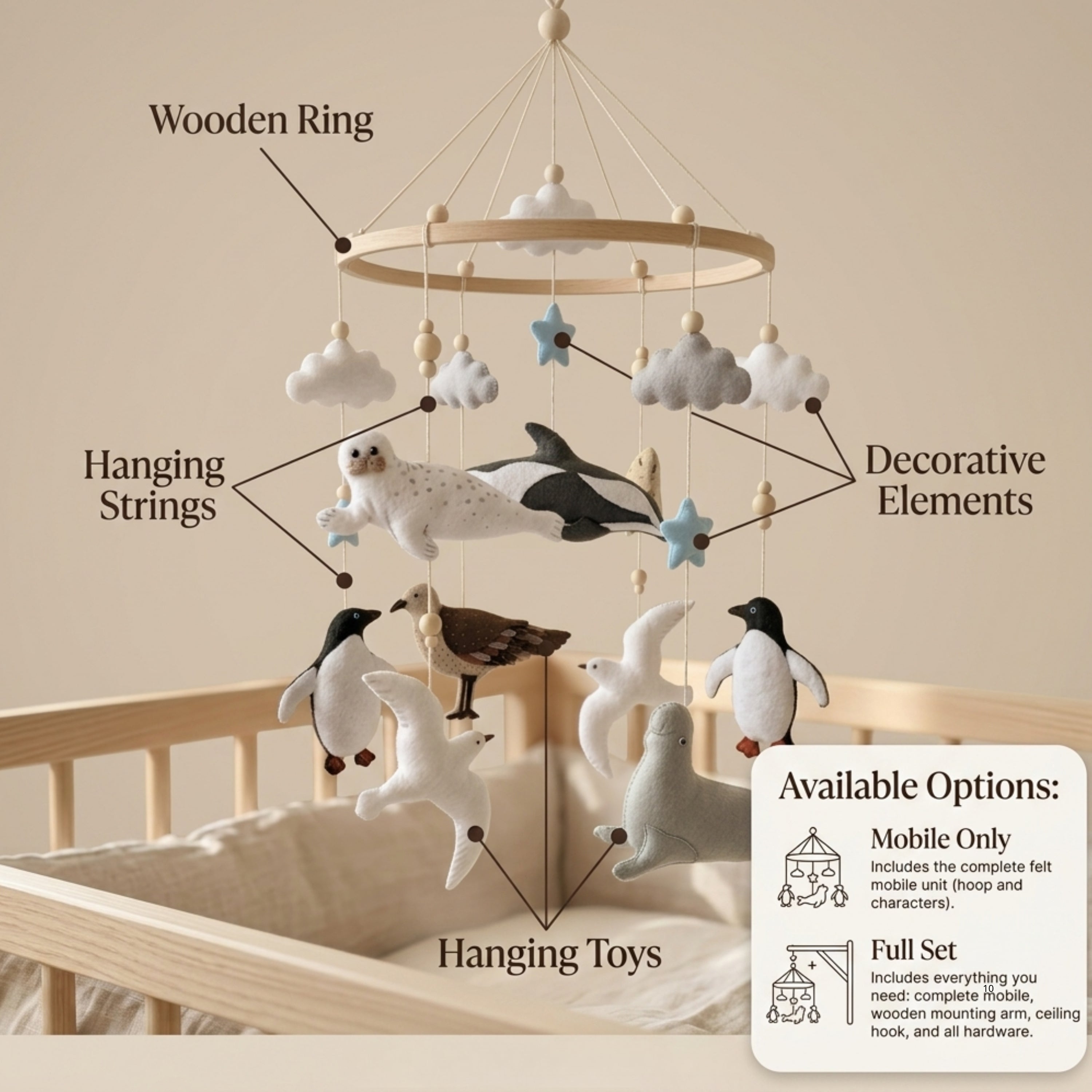 Arctic Animals Baby Mobile – Handmade Felt Orca, Seal, Penguin & Seabirds | Neutral Ocean Nursery Decor