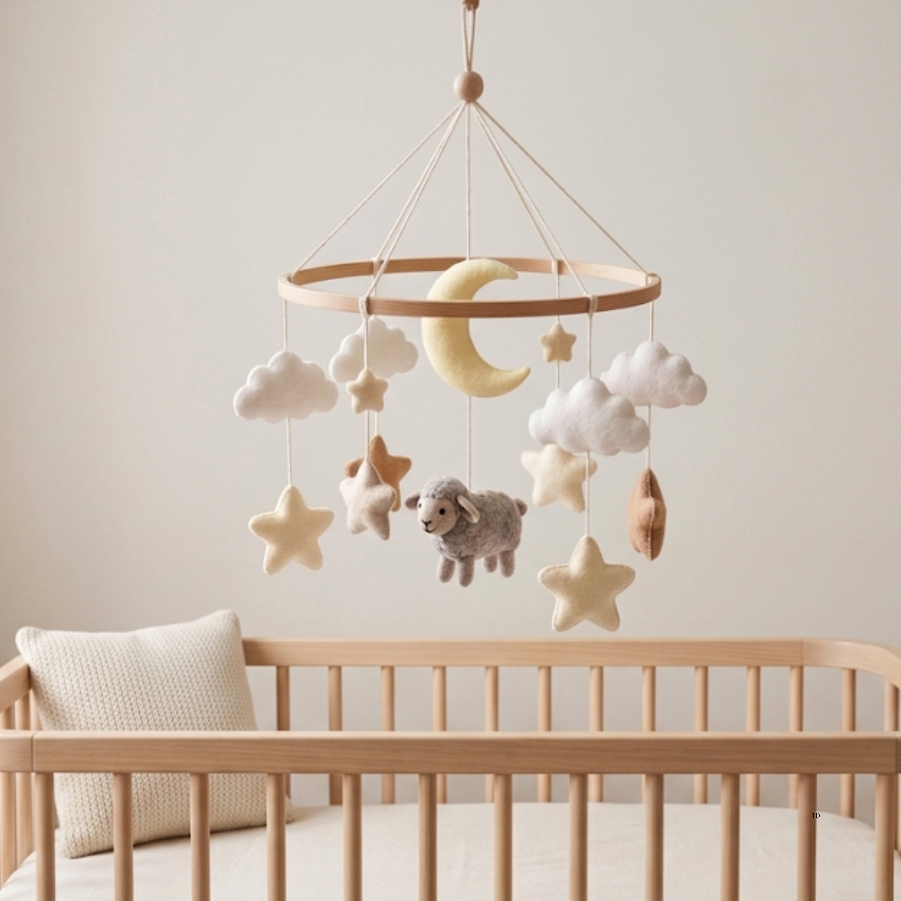 Sheep Baby Mobile – Handmade Felt Lamb with Moon, Stars & Clouds | Neutral Celestial Nursery Decor