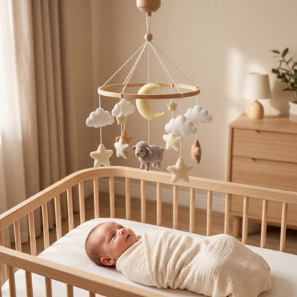 Sheep Baby Mobile – Handmade Felt Lamb with Moon, Stars & Clouds | Neutral Celestial Nursery Decor