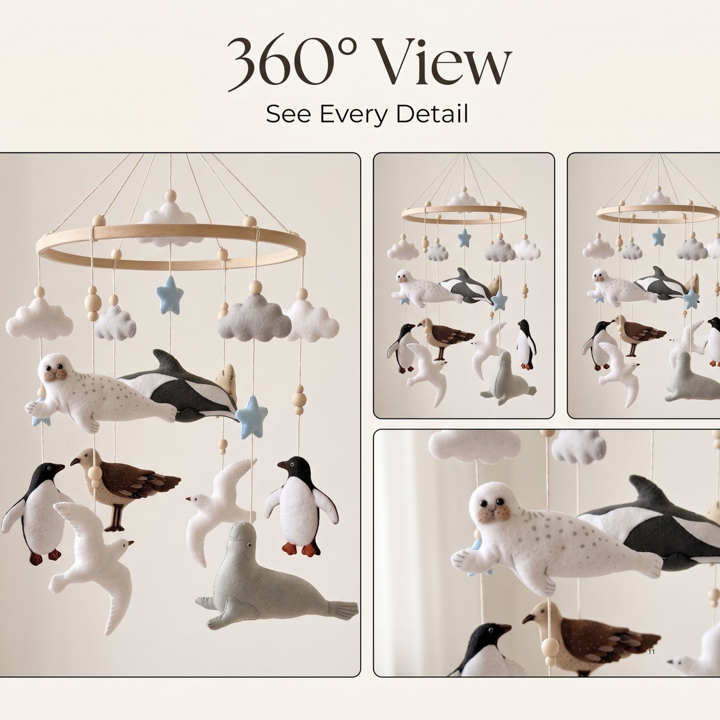 Arctic Animals Baby Mobile – Handmade Felt Orca, Seal, Penguin & Seabirds | Neutral Ocean Nursery Decor