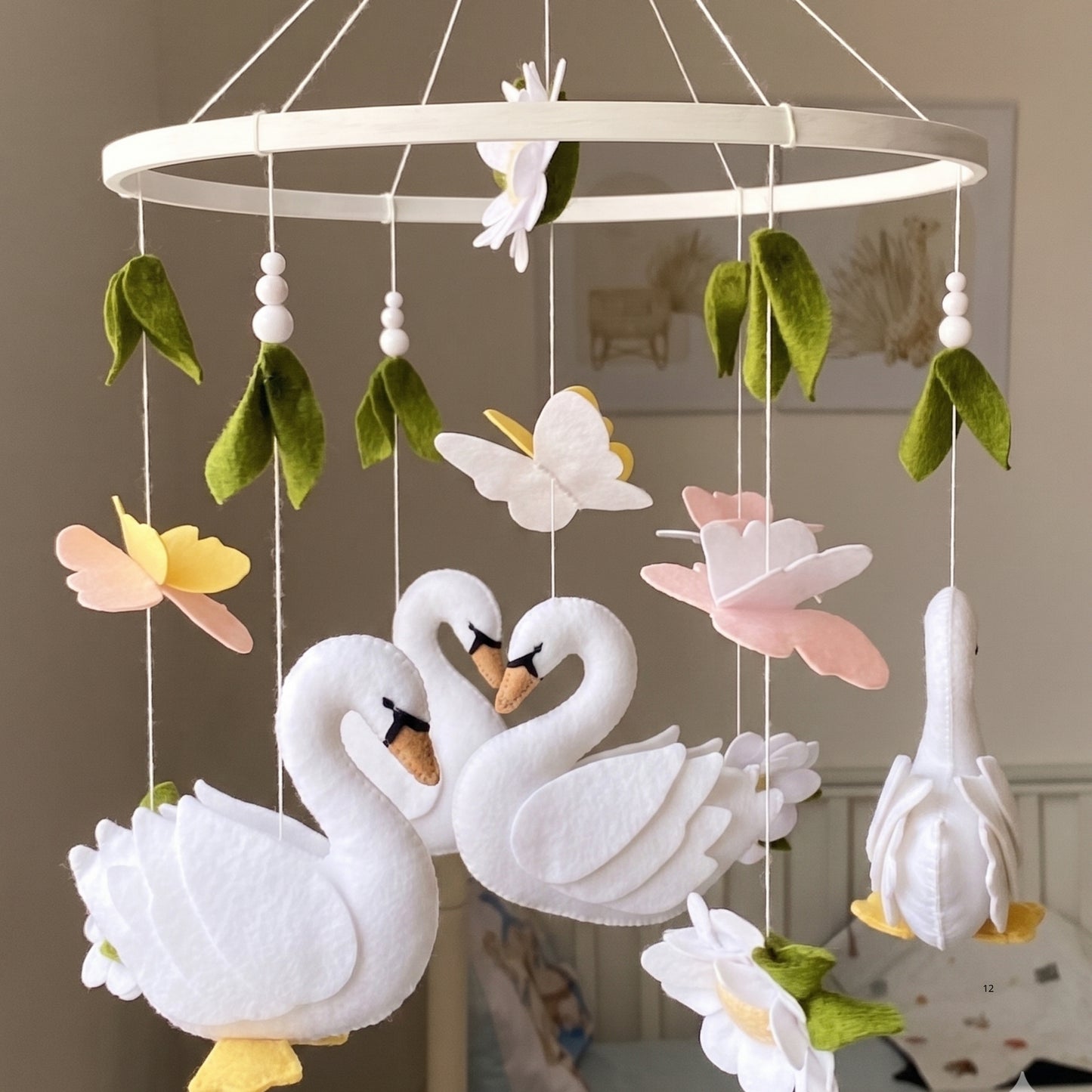Swan Baby Mobile – Handmade Felt Swans with Butterflies & Flowers | Elegant Floral Girl Nursery Decor