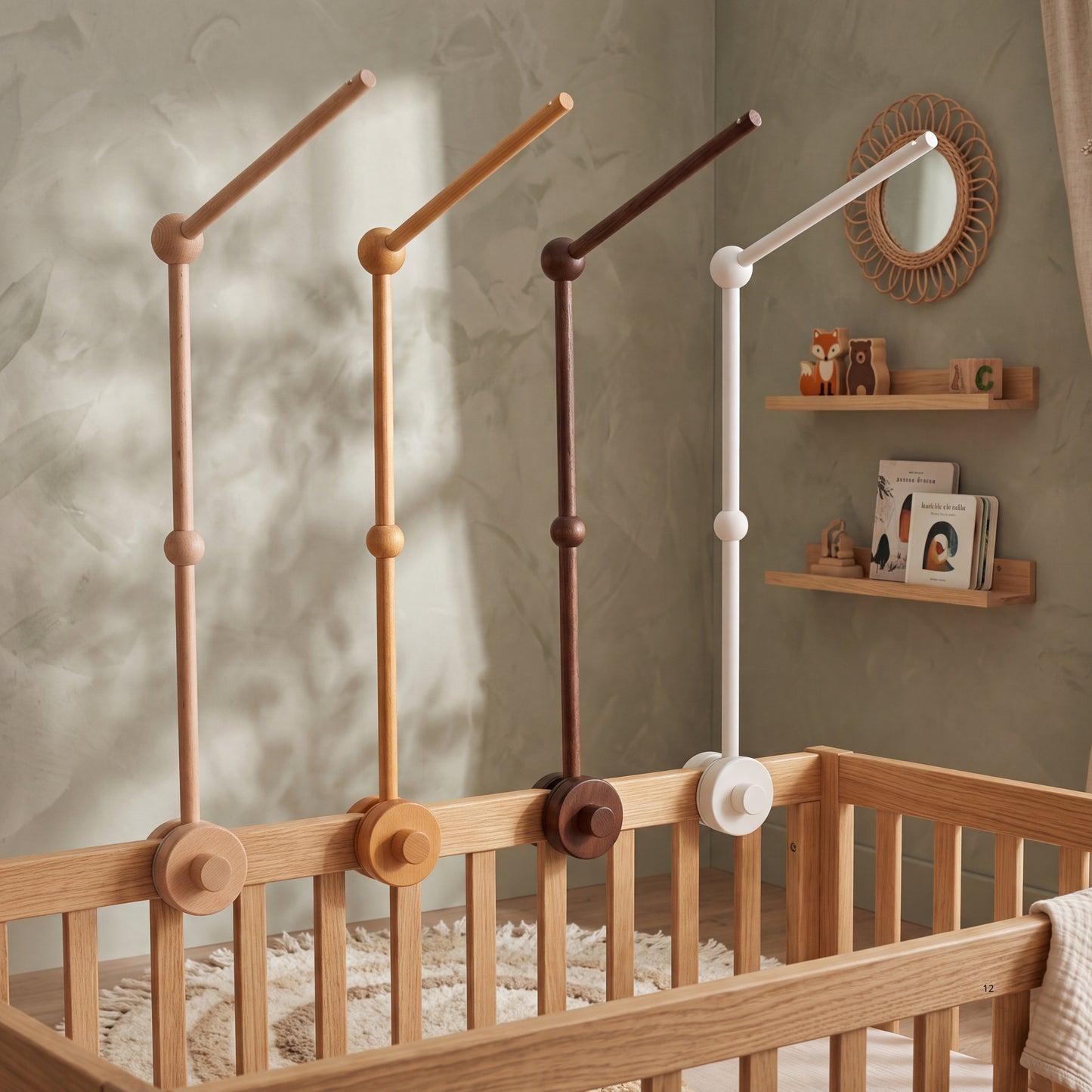 Wooden Baby Mobile Arm – Adjustable Crib Mobile Holder in 6 Colors | Natural, Walnut & White Beech Wood Nursery Hanger