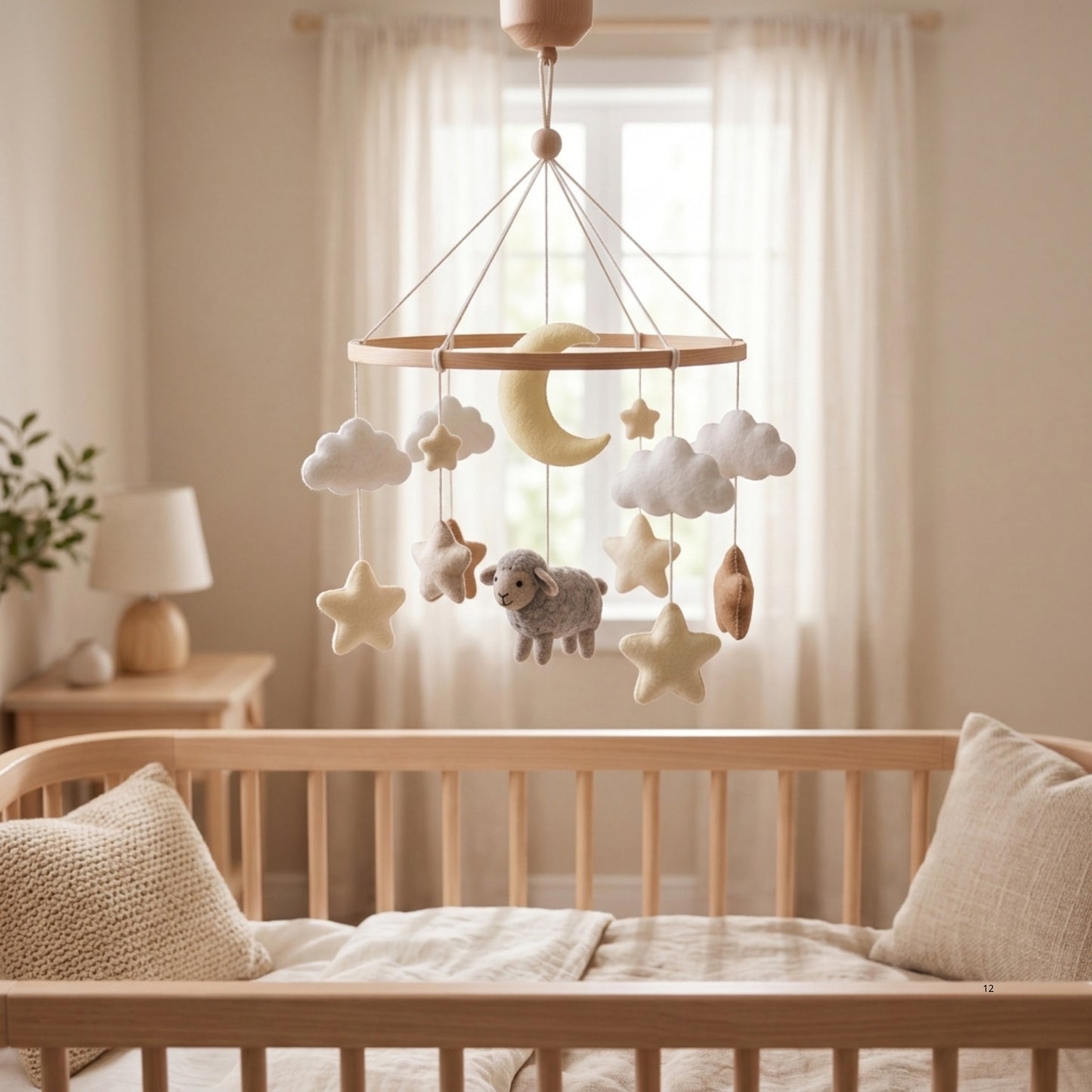 Sheep Baby Mobile – Handmade Felt Lamb with Moon, Stars & Clouds | Neutral Celestial Nursery Decor