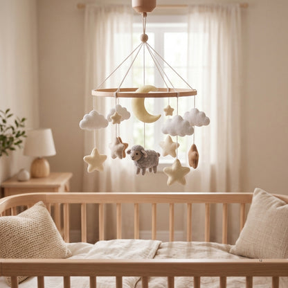 Sheep Baby Mobile – Handmade Felt Lamb with Moon, Stars & Clouds | Neutral Celestial Nursery Decor