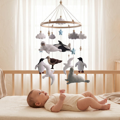 Arctic Animals Baby Mobile – Handmade Felt Orca, Seal, Penguin & Seabirds | Neutral Ocean Nursery Decor