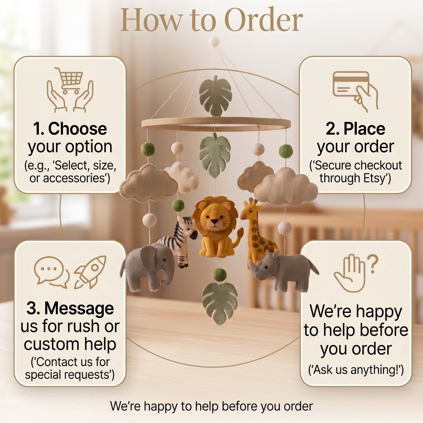 Jungle Safari Baby Mobile – Handmade Felt Lion, Elephant, Giraffe, Zebra & Rhino | Tropical Nursery Decor