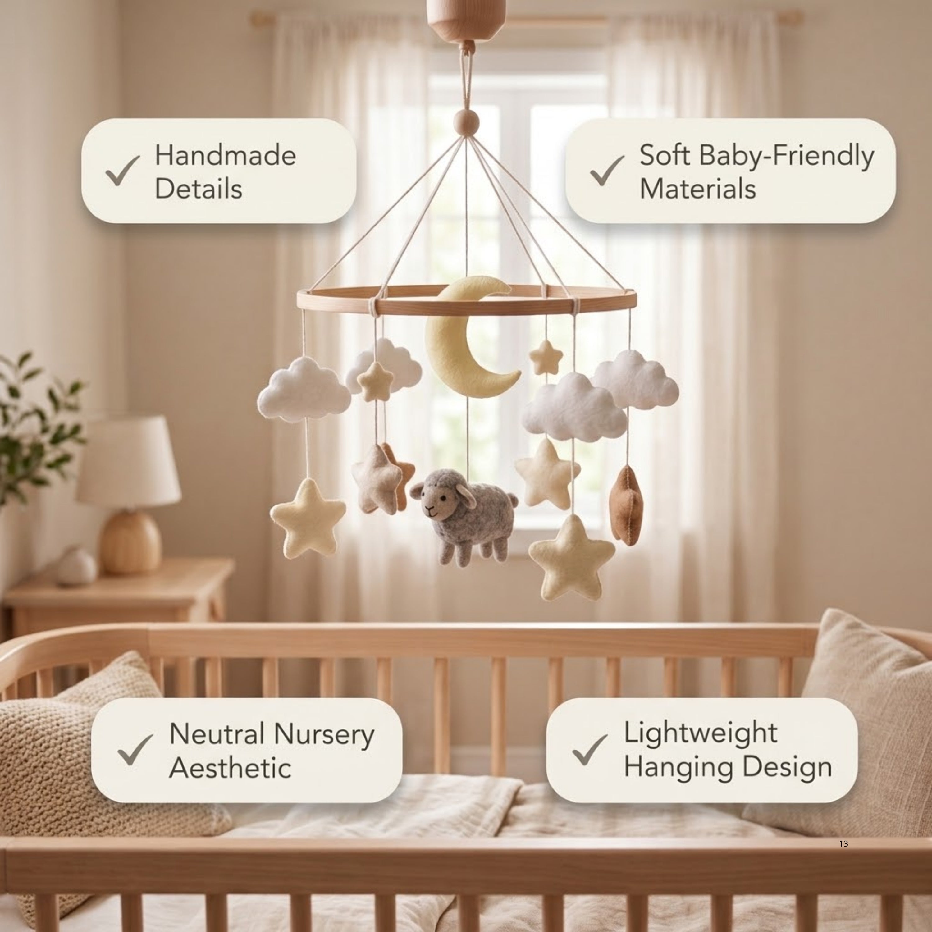 Sheep Baby Mobile – Handmade Felt Lamb with Moon, Stars & Clouds | Neutral Celestial Nursery Decor
