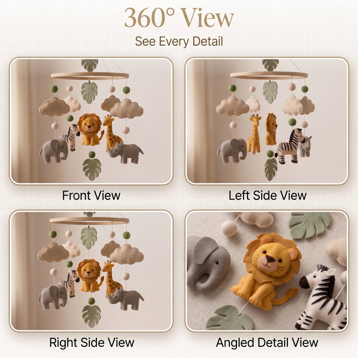 Jungle Safari Baby Mobile – Handmade Felt Lion, Elephant, Giraffe, Zebra & Rhino | Tropical Nursery Decor