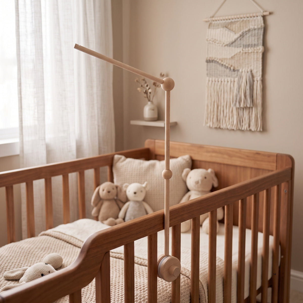 Wooden Baby Mobile Arm – Adjustable Crib Mobile Holder in 6 Colors | Natural, Walnut & White Beech Wood Nursery Hanger