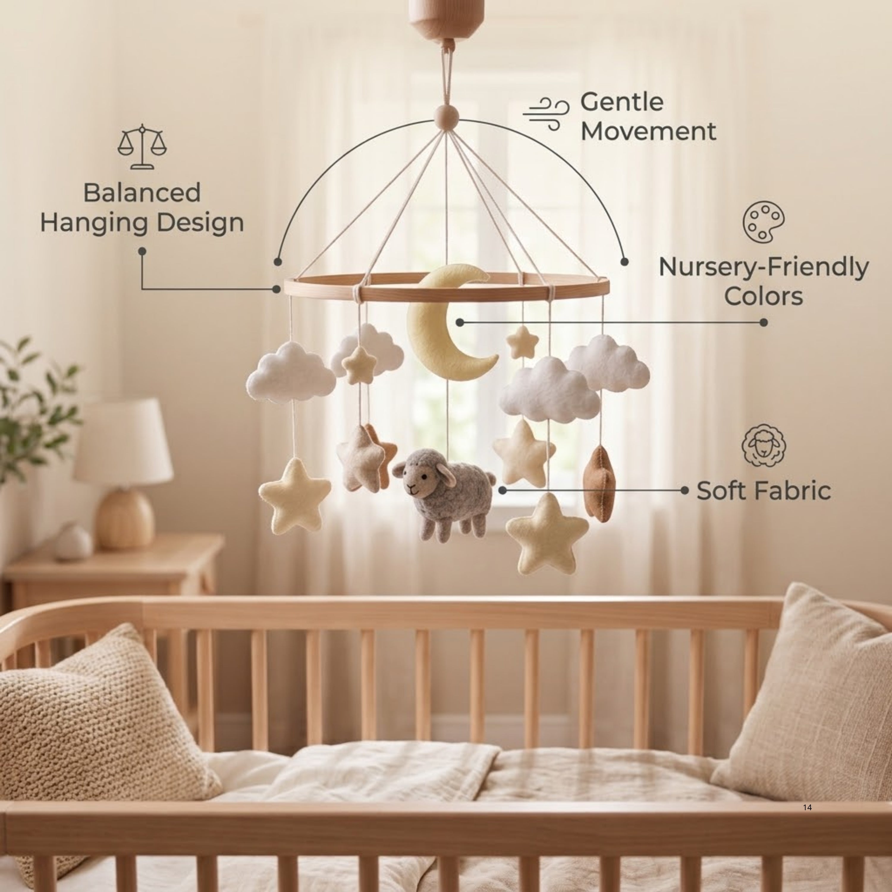 Sheep Baby Mobile – Handmade Felt Lamb with Moon, Stars & Clouds | Neutral Celestial Nursery Decor