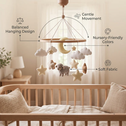 Sheep Baby Mobile – Handmade Felt Lamb with Moon, Stars & Clouds | Neutral Celestial Nursery Decor