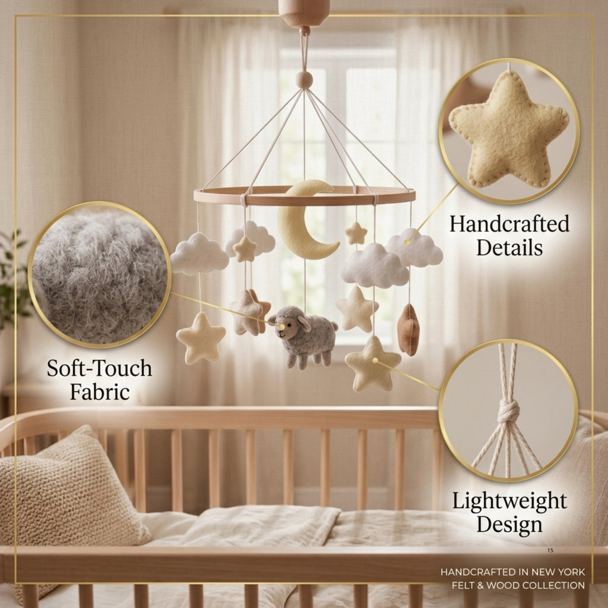 Sheep Baby Mobile – Handmade Felt Lamb with Moon, Stars & Clouds | Neutral Celestial Nursery Decor