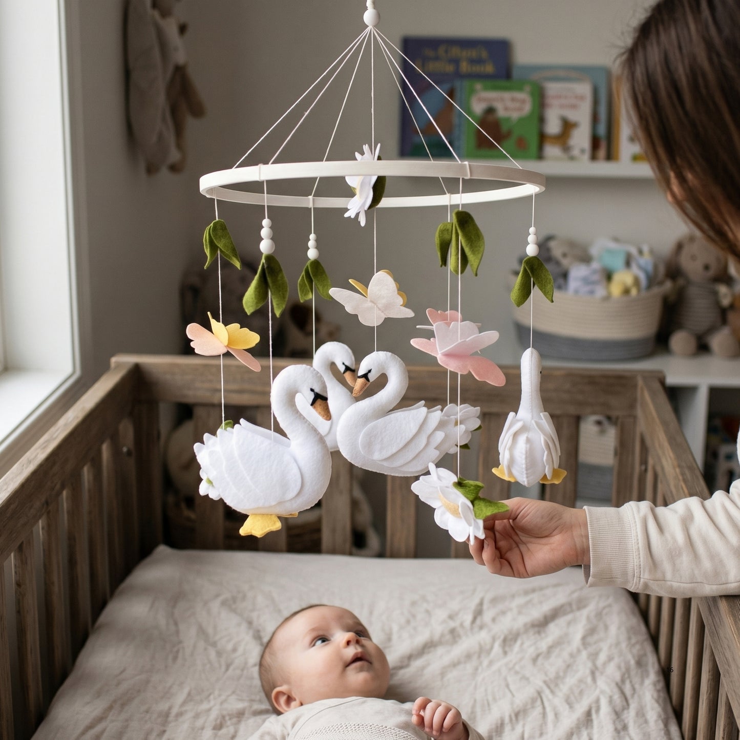 Swan Baby Mobile – Handmade Felt Swans with Butterflies & Flowers | Elegant Floral Girl Nursery Decor