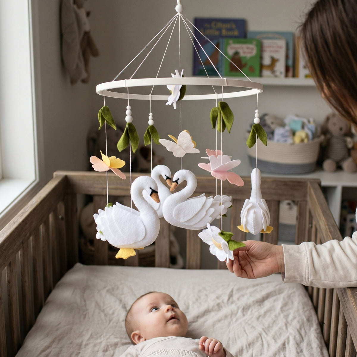 Swan Baby Mobile – Handmade Felt Swans with Butterflies & Flowers | Elegant Floral Girl Nursery Decor