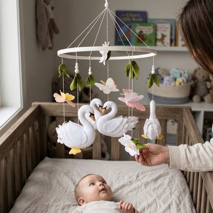 Swan Baby Mobile – Handmade Felt Swans with Butterflies & Flowers | Elegant Floral Girl Nursery Decor