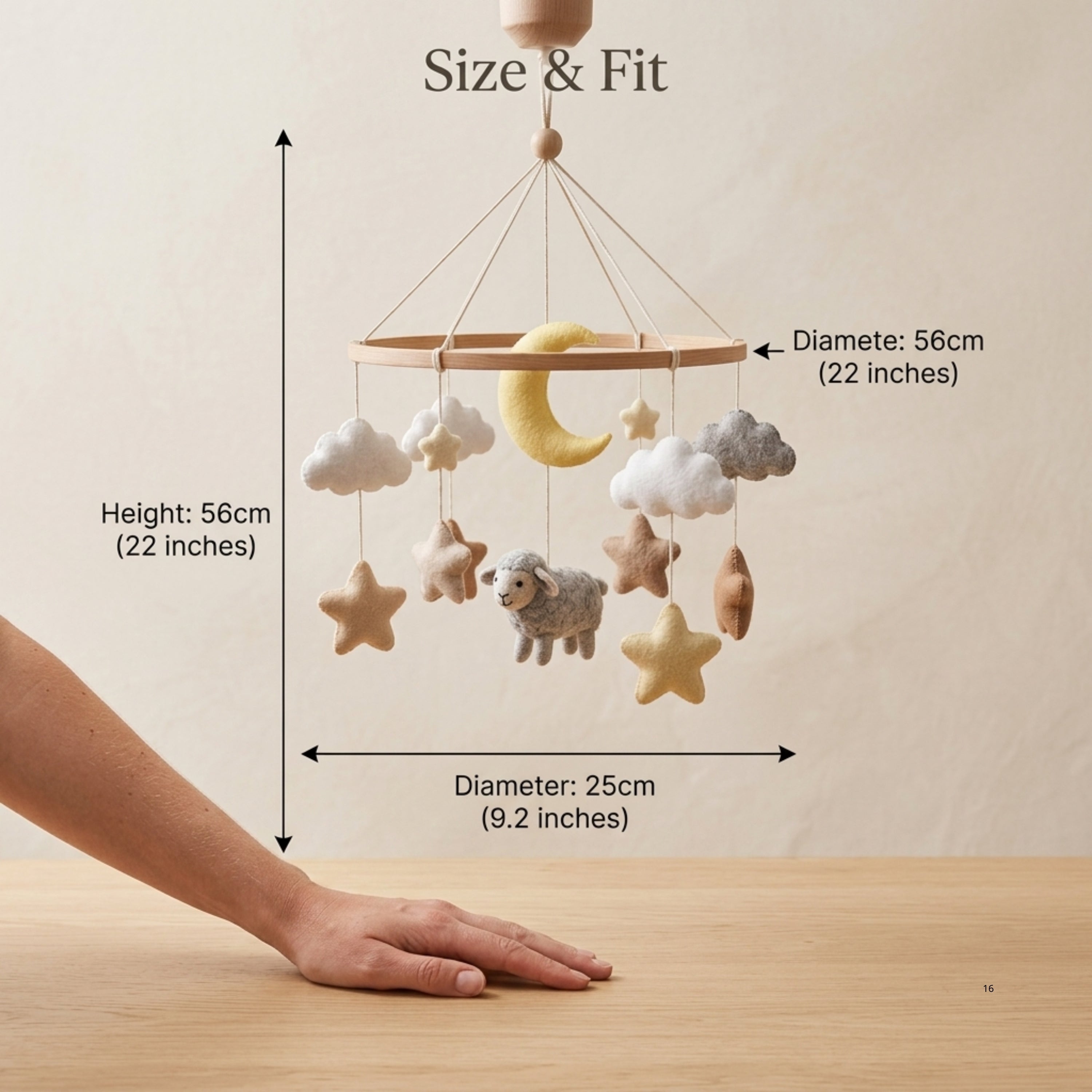 Sheep Baby Mobile – Handmade Felt Lamb with Moon, Stars & Clouds | Neutral Celestial Nursery Decor