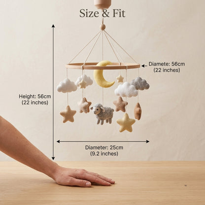 Sheep Baby Mobile – Handmade Felt Lamb with Moon, Stars & Clouds | Neutral Celestial Nursery Decor