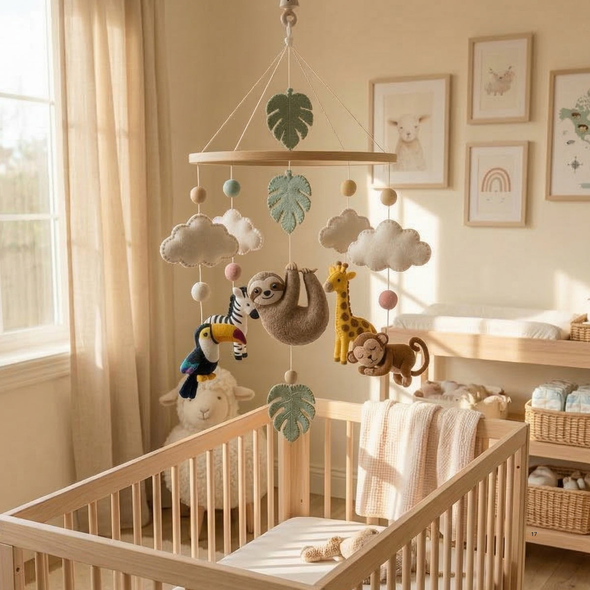 Jungle Animals Baby Mobile – Handmade Felt Sloth, Monkey, Toucan, Giraffe & Zebra | Tropical Rainforest Nursery Decor