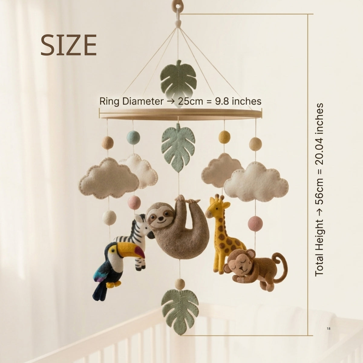 Jungle Animals Baby Mobile – Handmade Felt Sloth, Monkey, Toucan, Giraffe & Zebra | Tropical Rainforest Nursery Decor