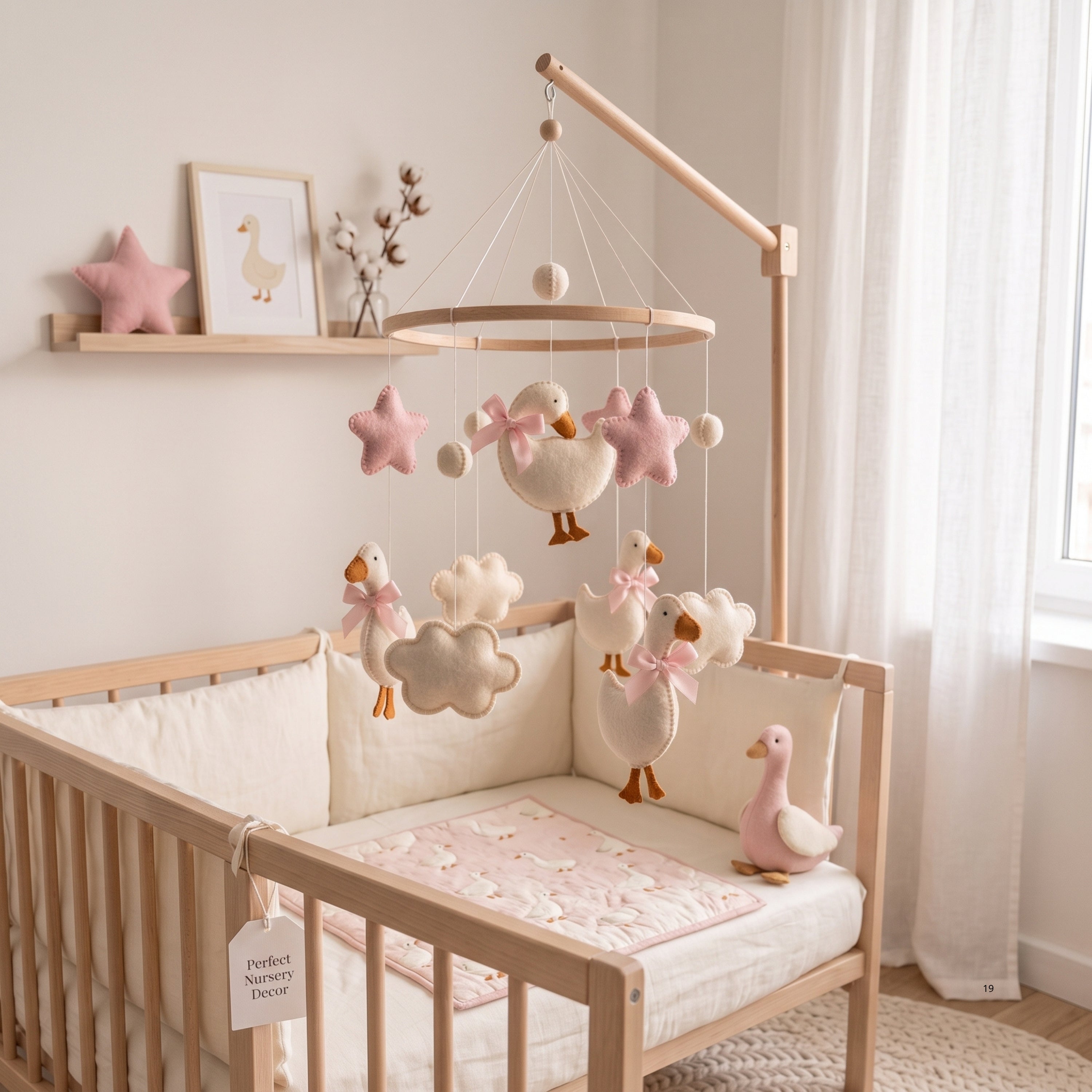 Goose Baby Mobile – Handmade Felt Geese with Pink Bows & Stars | Girl Nursery Decor