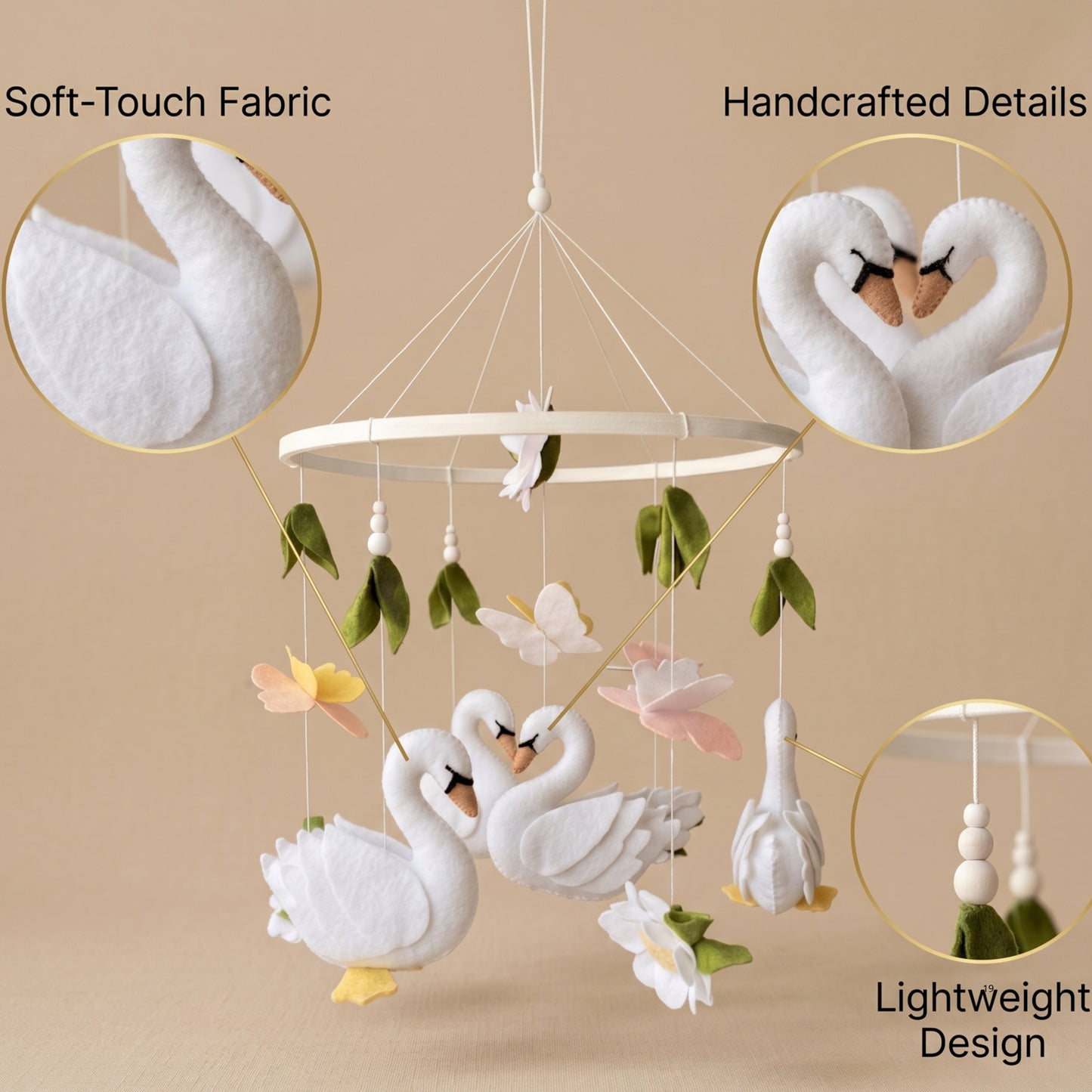 Swan Baby Mobile – Handmade Felt Swans with Butterflies & Flowers | Elegant Floral Girl Nursery Decor