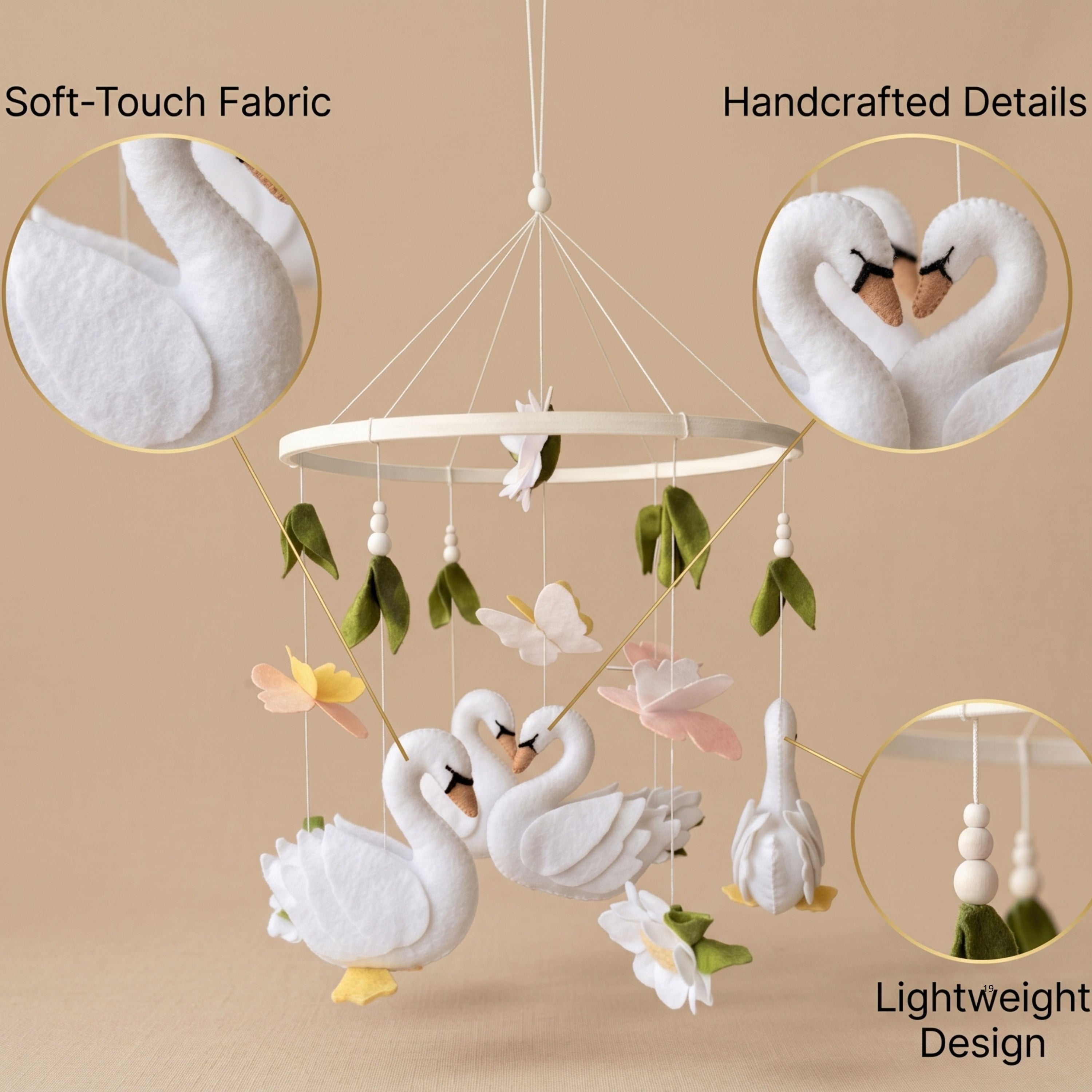 Swan Baby Mobile – Handmade Felt Swans with Butterflies & Flowers | Elegant Floral Girl Nursery Decor