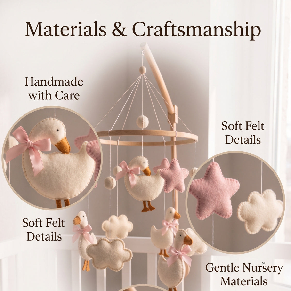 Goose Baby Mobile – Handmade Felt Geese with Pink Bows & Stars | Girl Nursery Decor