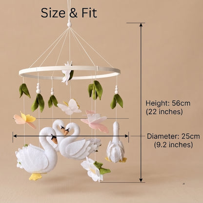 Swan Baby Mobile – Handmade Felt Swans with Butterflies & Flowers | Elegant Floral Girl Nursery Decor