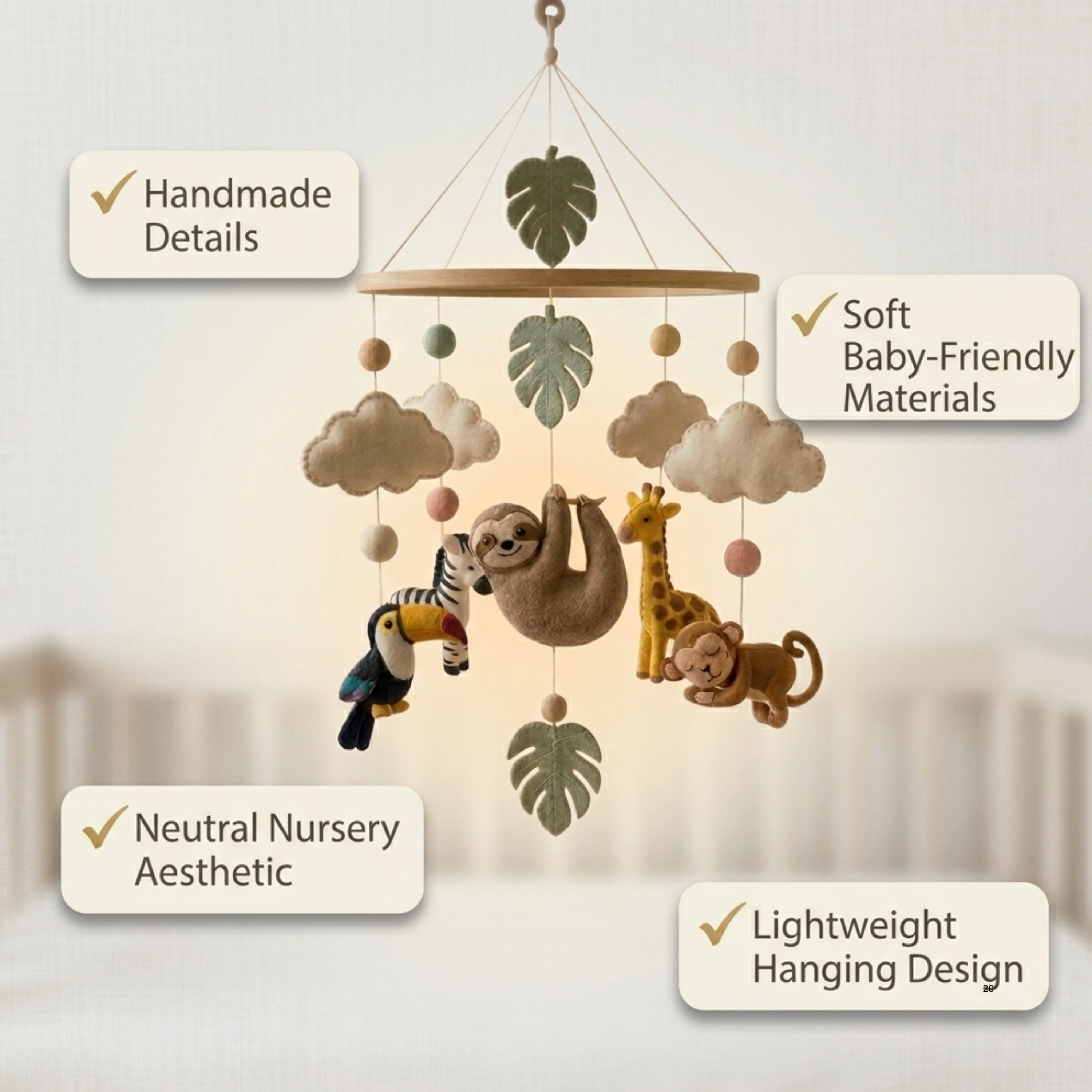 Jungle Animals Baby Mobile – Handmade Felt Sloth, Monkey, Toucan, Giraffe & Zebra | Tropical Rainforest Nursery Decor