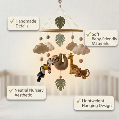 Jungle Animals Baby Mobile – Handmade Felt Sloth, Monkey, Toucan, Giraffe & Zebra | Tropical Rainforest Nursery Decor