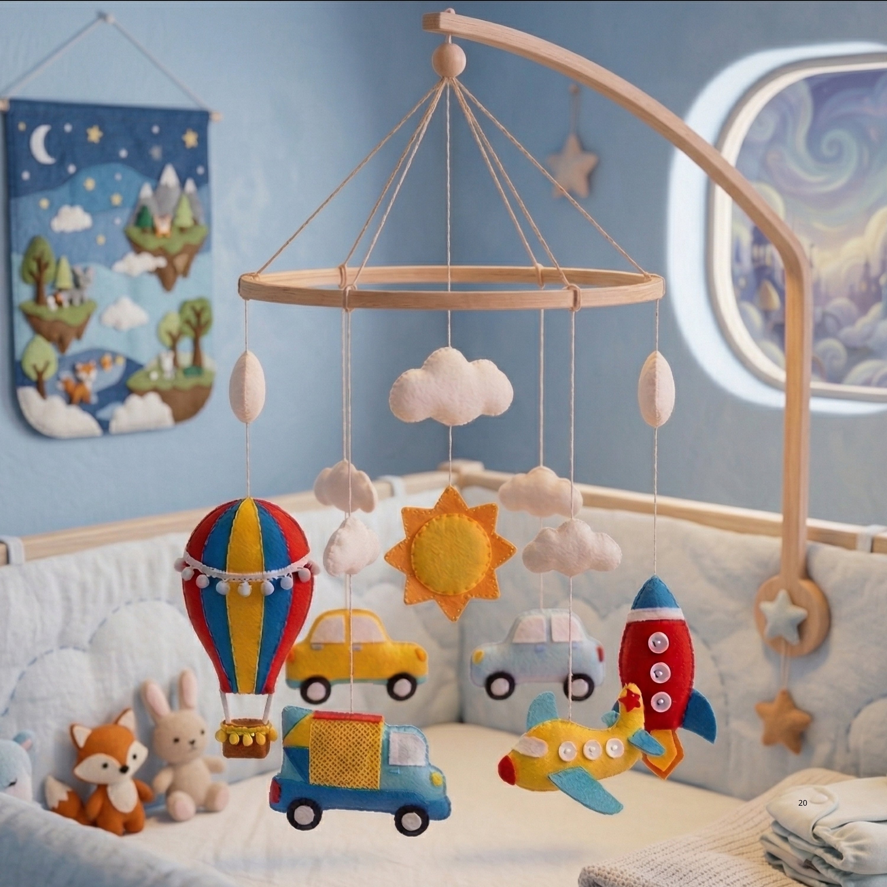 Transportation Baby Mobile – Handmade Felt Cars, Truck, Airplane, Hot Air Balloon & Rocket | Colorful Boy Nursery Decor