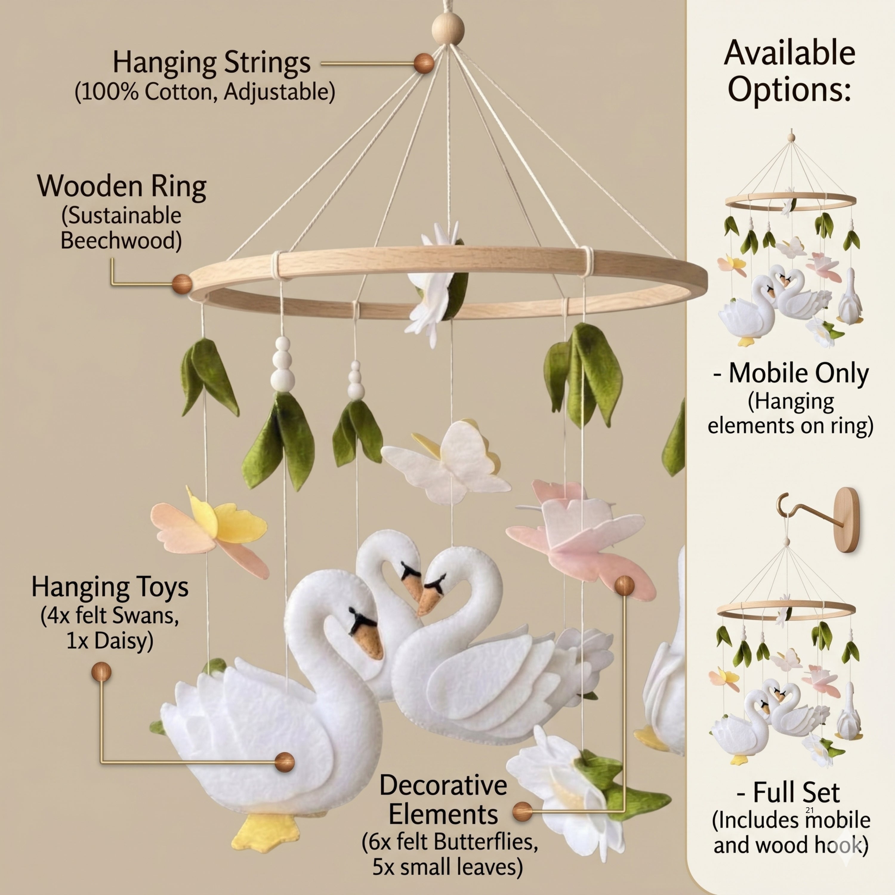 Swan Baby Mobile – Handmade Felt Swans with Butterflies & Flowers | Elegant Floral Girl Nursery Decor