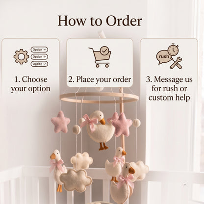 Goose Baby Mobile – Handmade Felt Geese with Pink Bows & Stars | Girl Nursery Decor