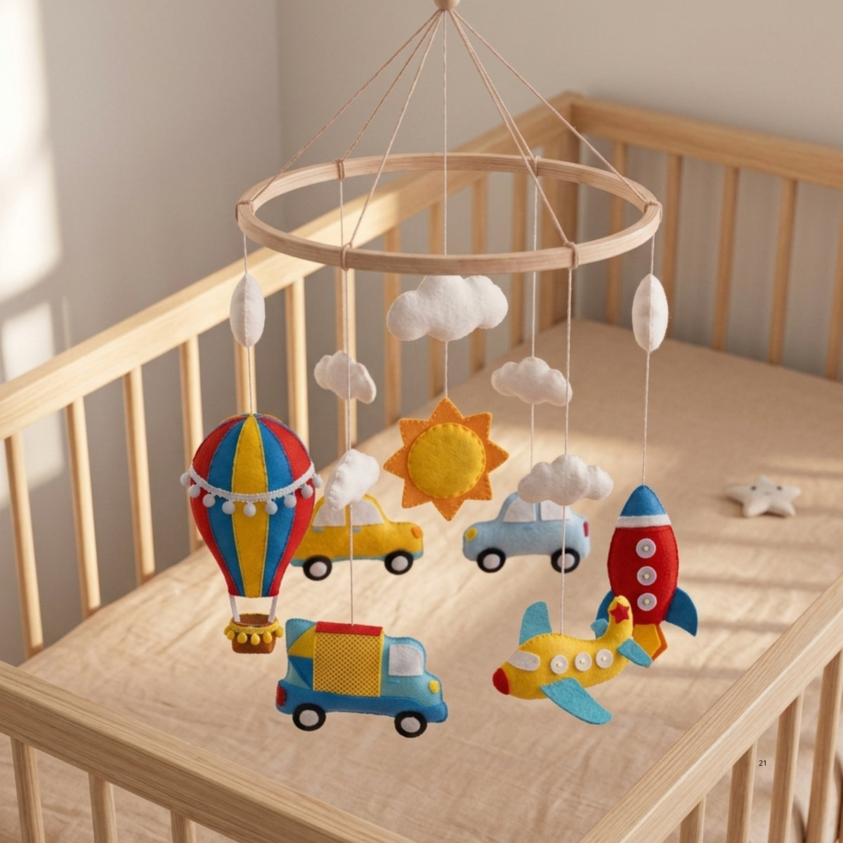 Transportation Baby Mobile – Handmade Felt Cars, Truck, Airplane, Hot Air Balloon & Rocket | Colorful Boy Nursery Decor