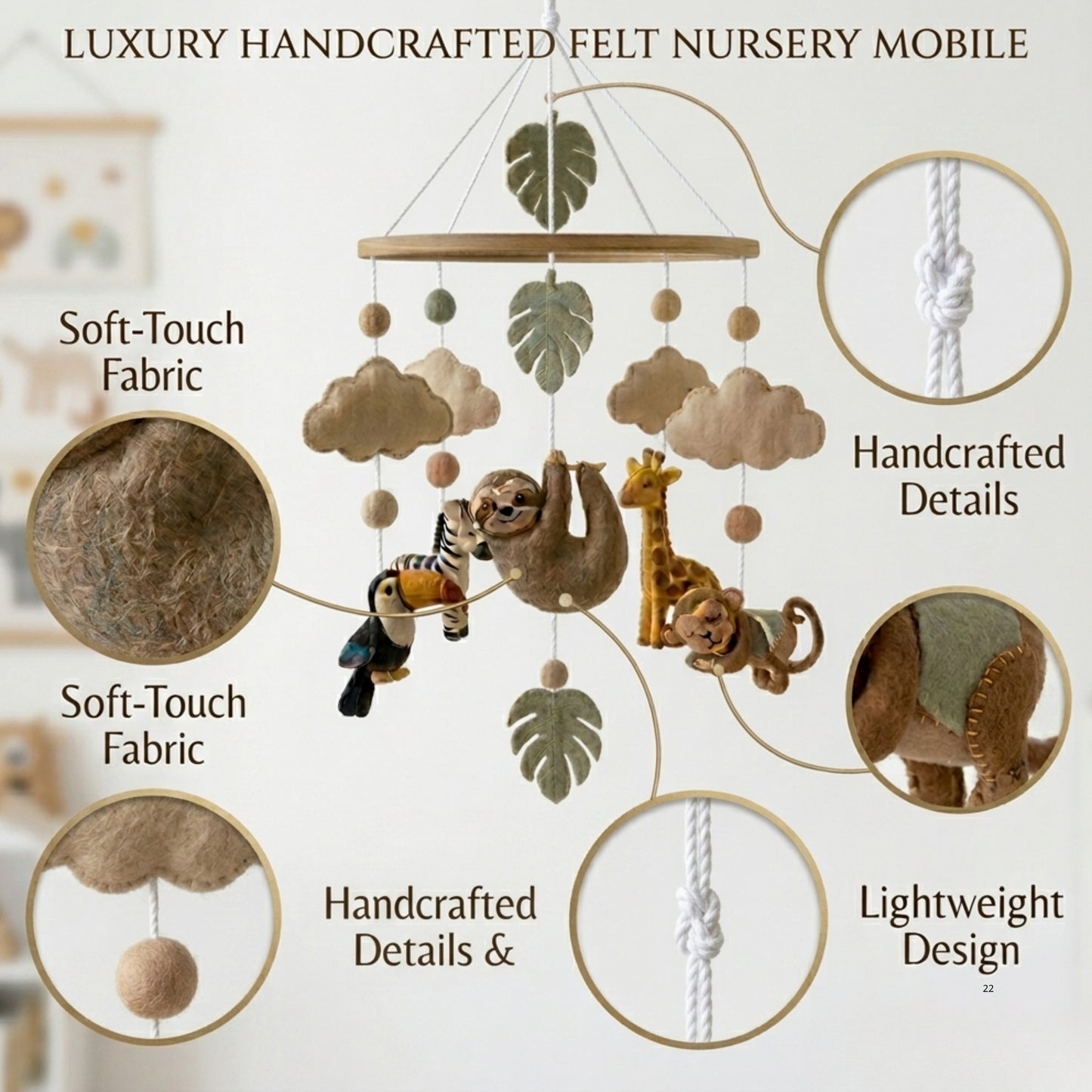 Jungle Animals Baby Mobile – Handmade Felt Sloth, Monkey, Toucan, Giraffe & Zebra | Tropical Rainforest Nursery Decor