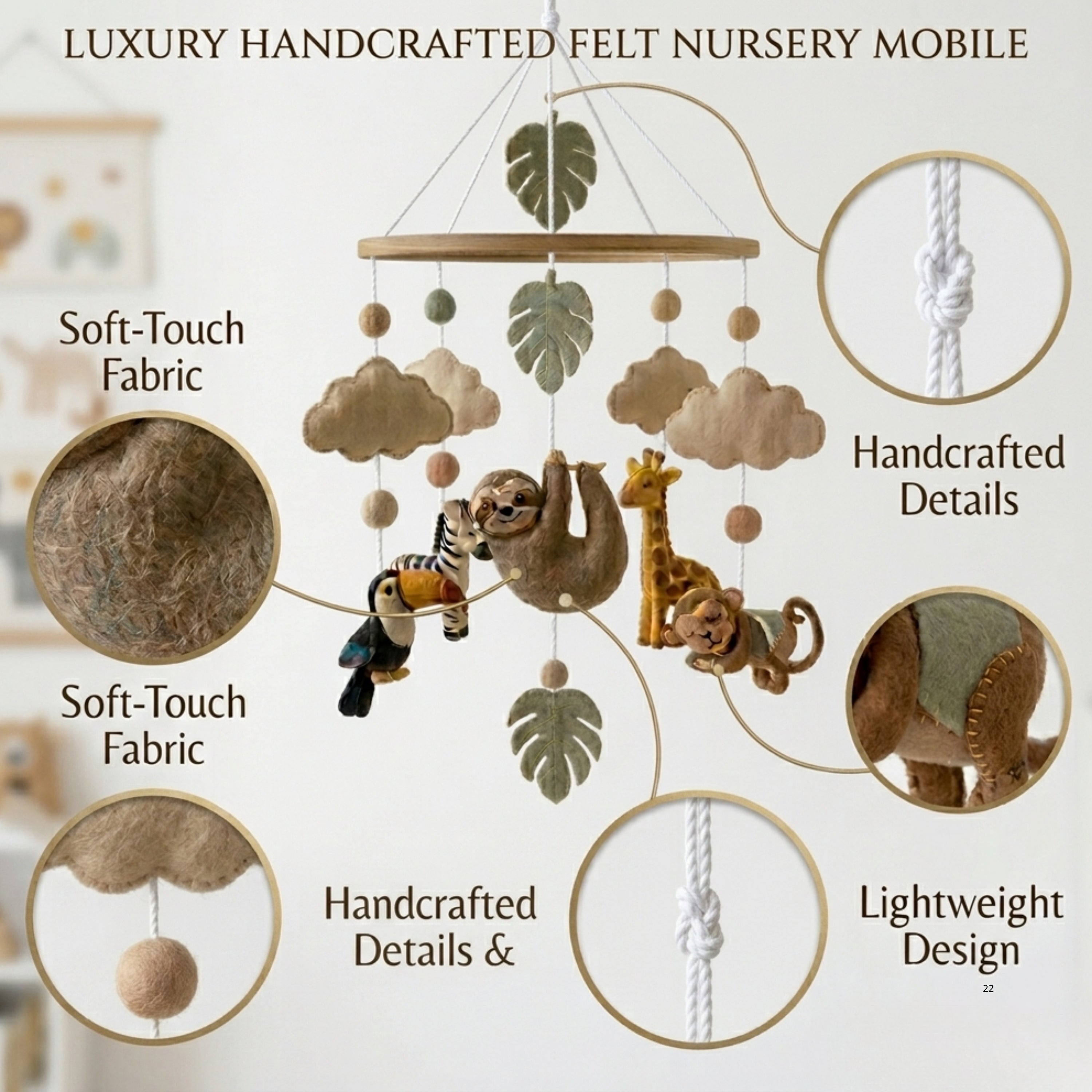 Jungle Animals Baby Mobile – Handmade Felt Sloth, Monkey, Toucan, Giraffe & Zebra | Tropical Rainforest Nursery Decor