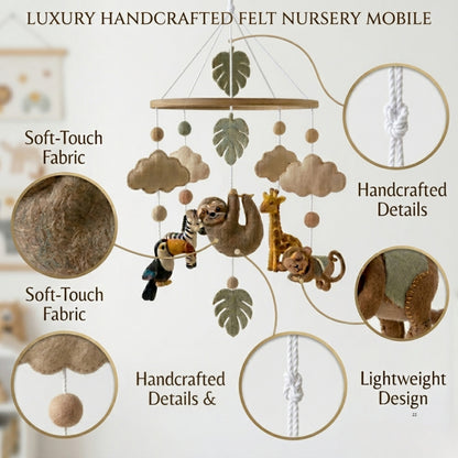 Jungle Animals Baby Mobile – Handmade Felt Sloth, Monkey, Toucan, Giraffe & Zebra | Tropical Rainforest Nursery Decor