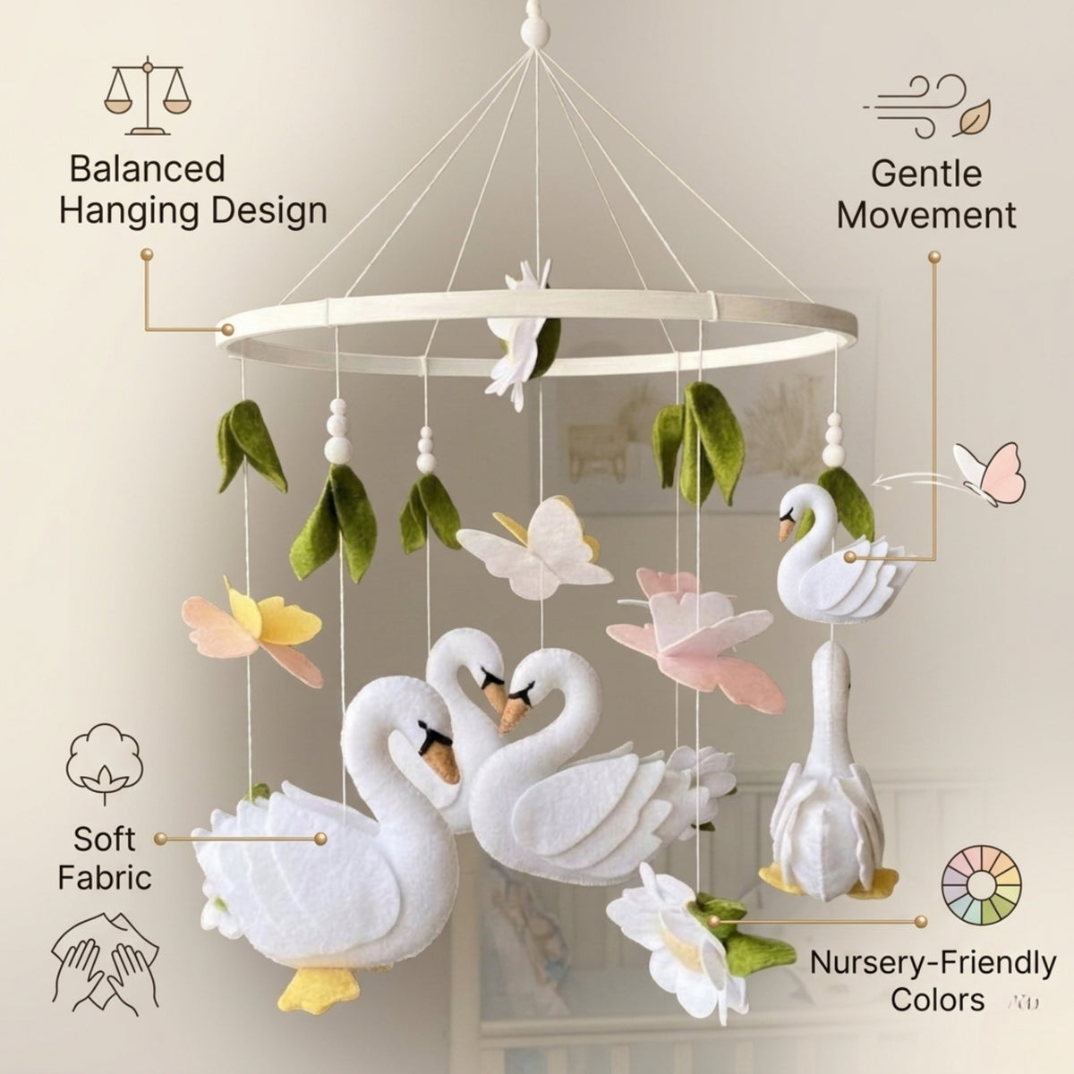 Swan Baby Mobile – Handmade Felt Swans with Butterflies & Flowers | Elegant Floral Girl Nursery Decor