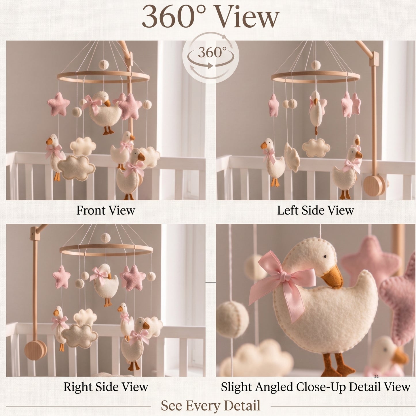 Goose Baby Mobile – Handmade Felt Geese with Pink Bows & Stars | Girl Nursery Decor