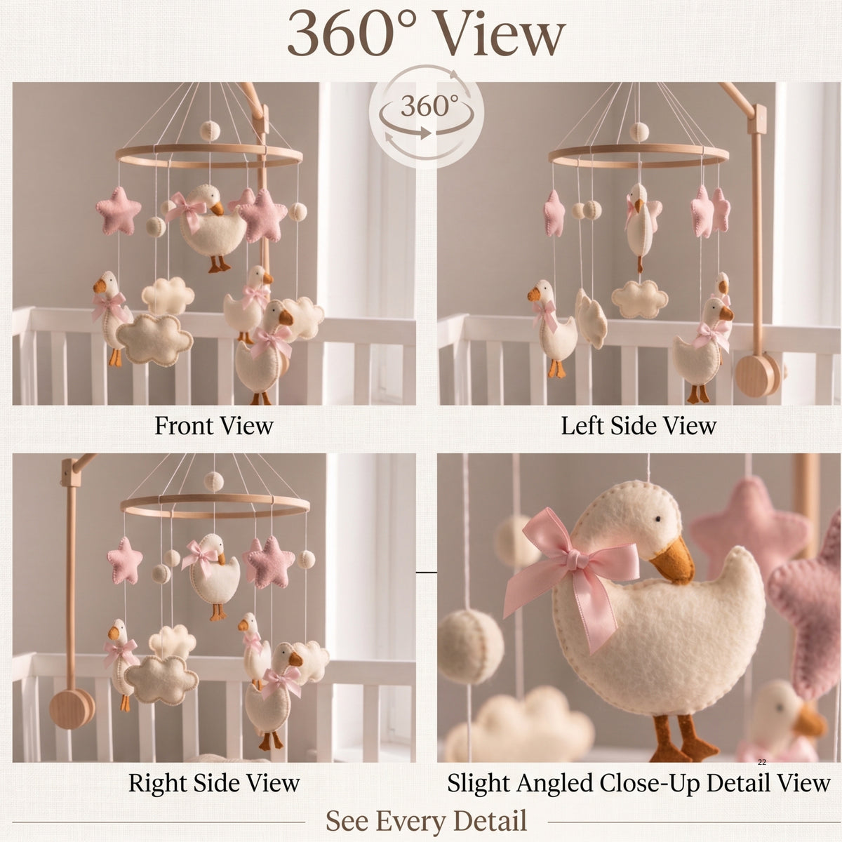 Goose Baby Mobile – Handmade Felt Geese with Pink Bows & Stars | Girl Nursery Decor