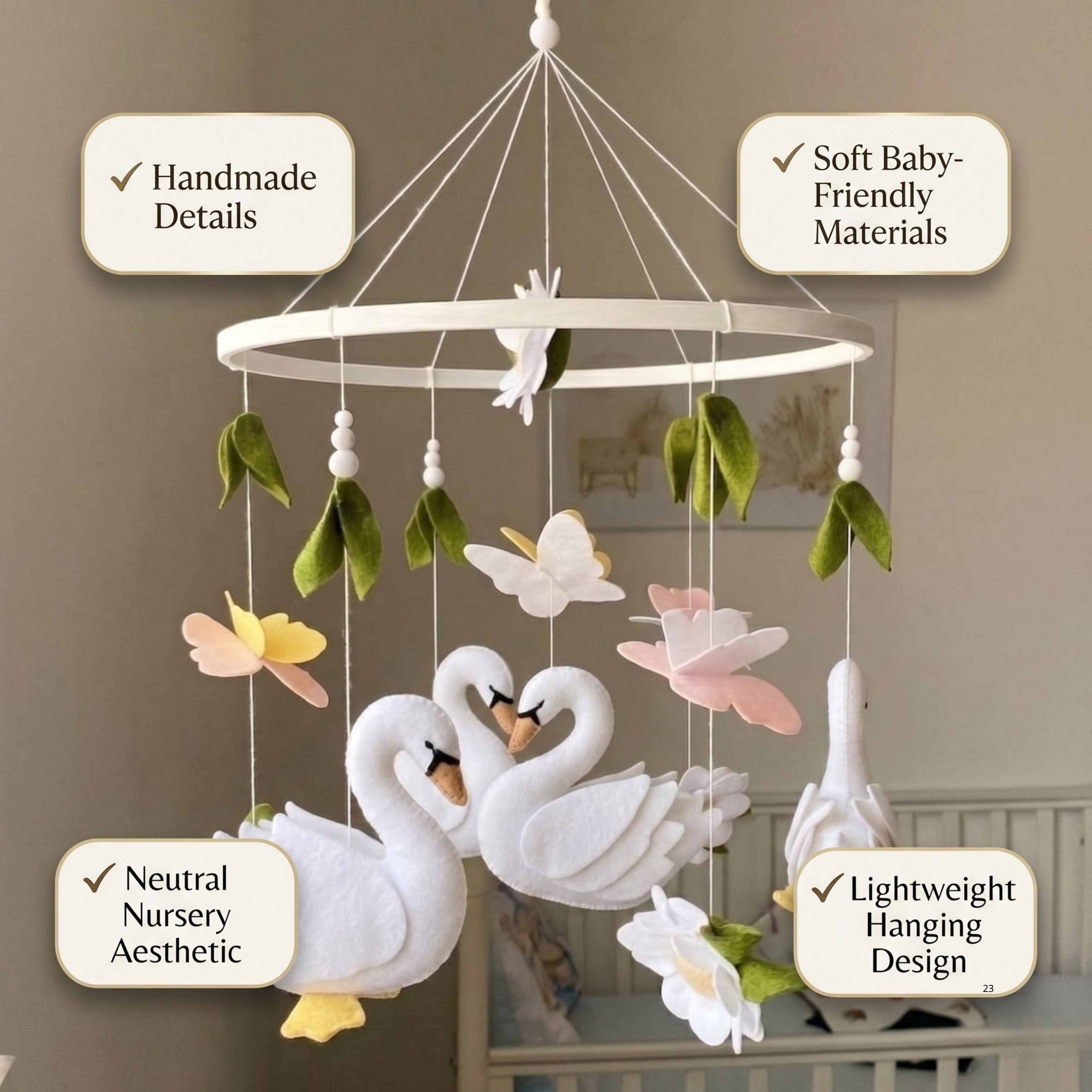 Swan Baby Mobile – Handmade Felt Swans with Butterflies & Flowers | Elegant Floral Girl Nursery Decor