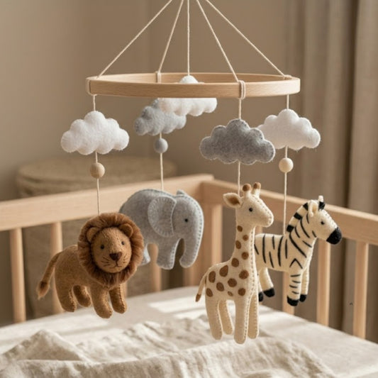 Safari Animals Baby Mobile – Handmade Felt Lion, Elephant, Giraffe & Zebra | Neutral Jungle Nursery Decor