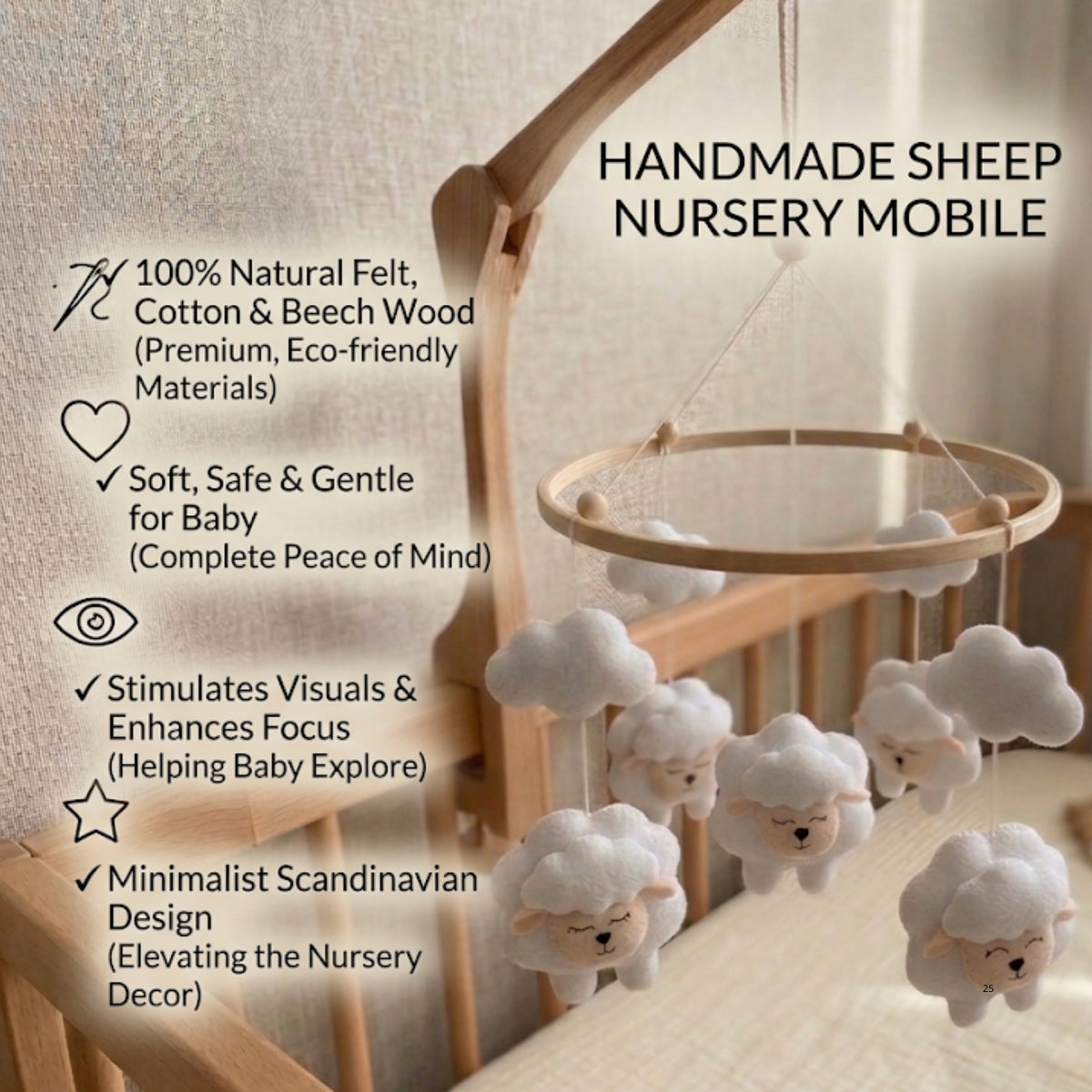 Sheep Baby Mobile – Handmade Felt Lambs & Clouds | Minimalist Neutral Cloud Nursery Decor